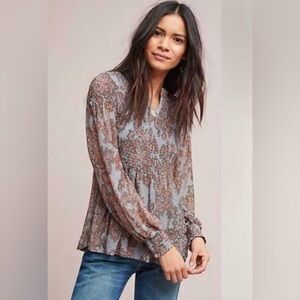 Anthropologie Adria Smocked Top, by Akemi + Kin - Sky Blue paisley